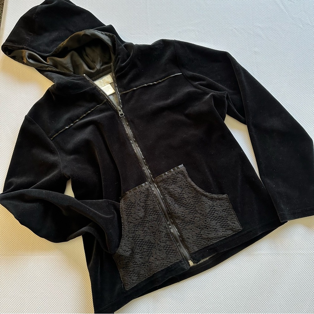 Soft Surroundings. Black velvet zip up hoodie with lace pockets